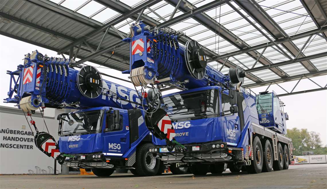 MSG Krandienst’s new GMK5150L and GMK4100L-1 all terrain cranes before the handover at the Manitowoc Grove factory in Wilhelmshaven, Germany