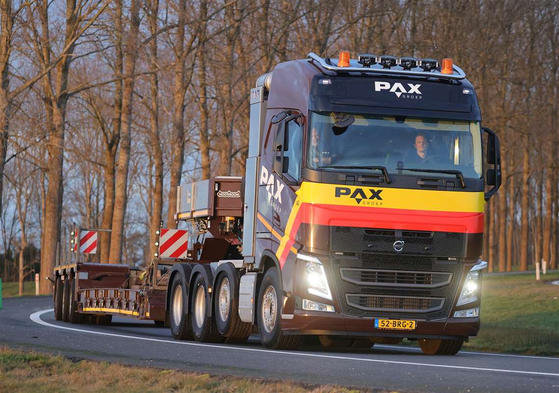 PAX Group's new 8 x 4 Volvo FH tractor with three axle Nooteboom low loader