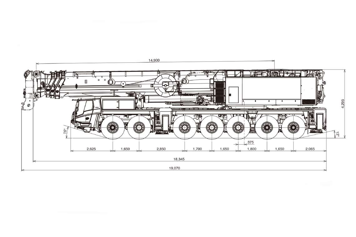 Side view drawing showing basic dimensions of the four section boom version of the Tadano AR-7000N all terrain crane