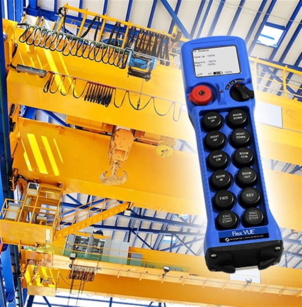 Magnetek’s blue pendant style tandem crane radio remote control system is now available in EMEA