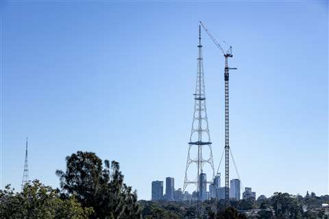 Marr's Favco M310D luffing jib tower crane removes the first section of the Sydney TV tower
