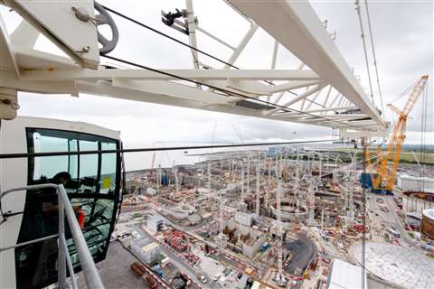 Birds eye view of the tower cranes at Hinkley Point C