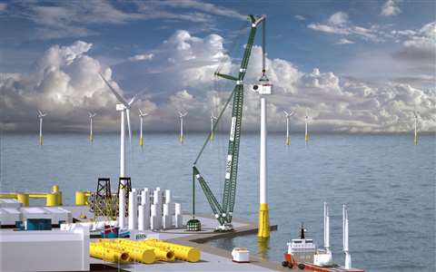 Ring crane in BMS green and white on a dock lifting a turbine tower