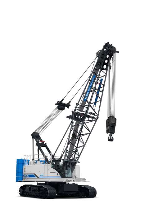 Side view of blue and white HD crawler with short black boom