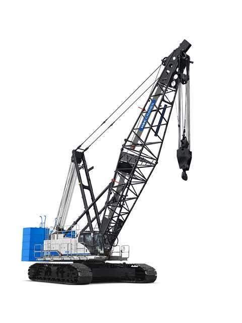 Blue and white crawler with short black boom
