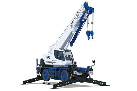 front three quarter view of blue and white crane with the outriggers down