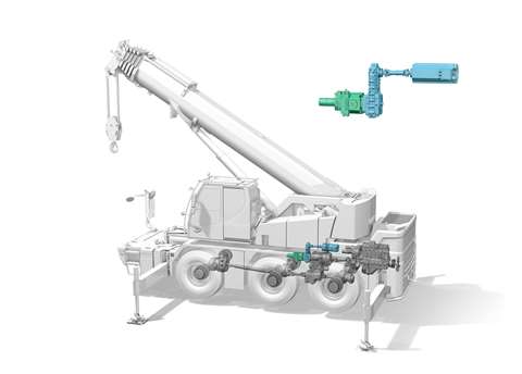 Cutaway line drawing of mobile crane showing component placement