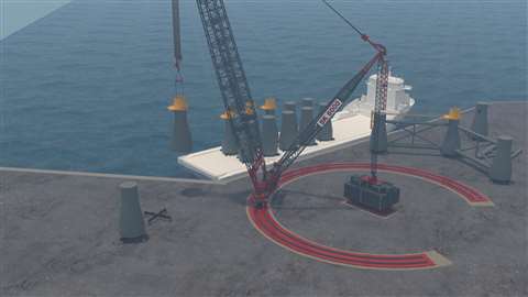 big lattice crane on quayside lifting a turbine