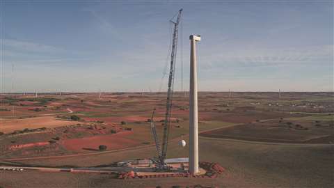 Three Liebherr LG 1750 lattice boom truck cranes erecting turbines at the Spanish Gecama wind farm