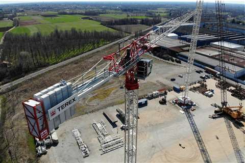 red and white Terex tower crane