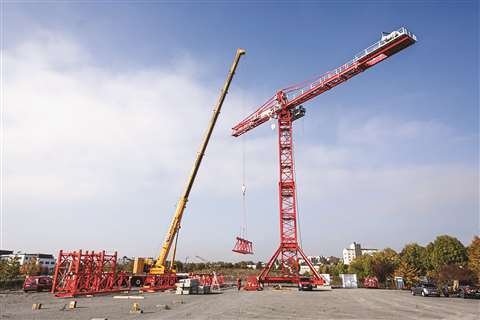 An all terrain Tadano erects a new Wolffkran tower crane prototype
