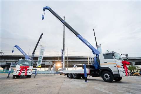 blue and white Tadano truck mounted loader crane